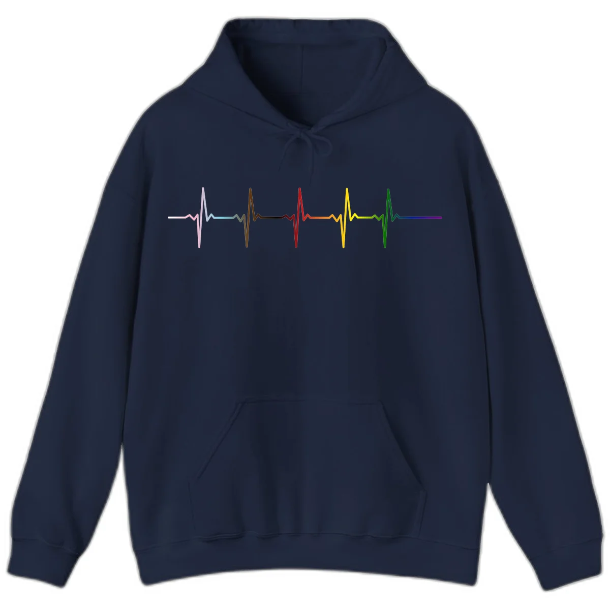Rainbow heartbeat EKG waveform with each pulse peak in different pride colors including pink, red, yellow, green, and blue in Navy
