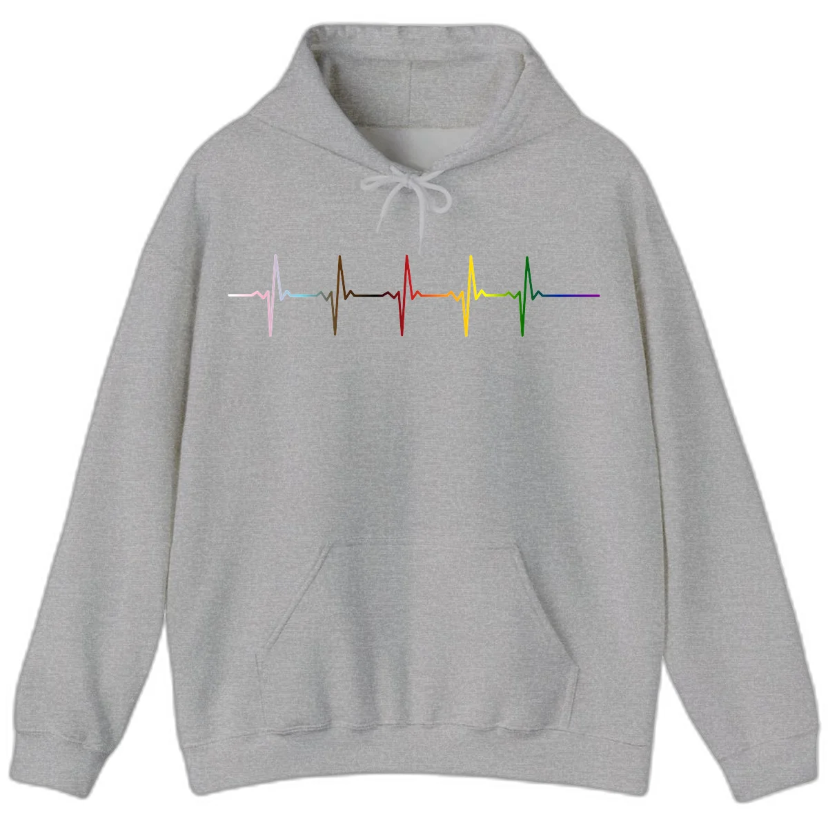 Rainbow heartbeat EKG waveform with each pulse peak in different pride colors including pink, red, yellow, green, and blue in Sport Grey