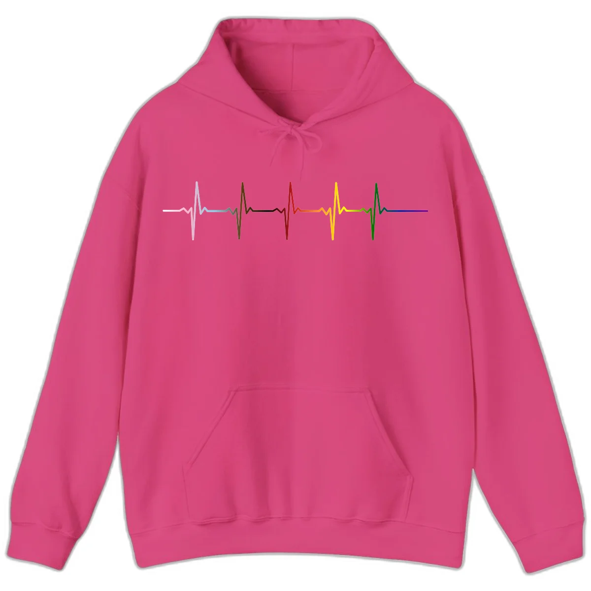 Rainbow heartbeat EKG waveform with each pulse peak in different pride colors including pink, red, yellow, green, and blue in Heliconia