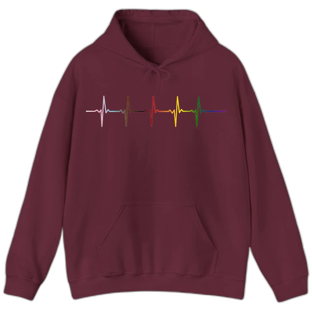 Rainbow heartbeat EKG waveform with each pulse peak in different pride colors including pink, red, yellow, green, and blue in Maroon