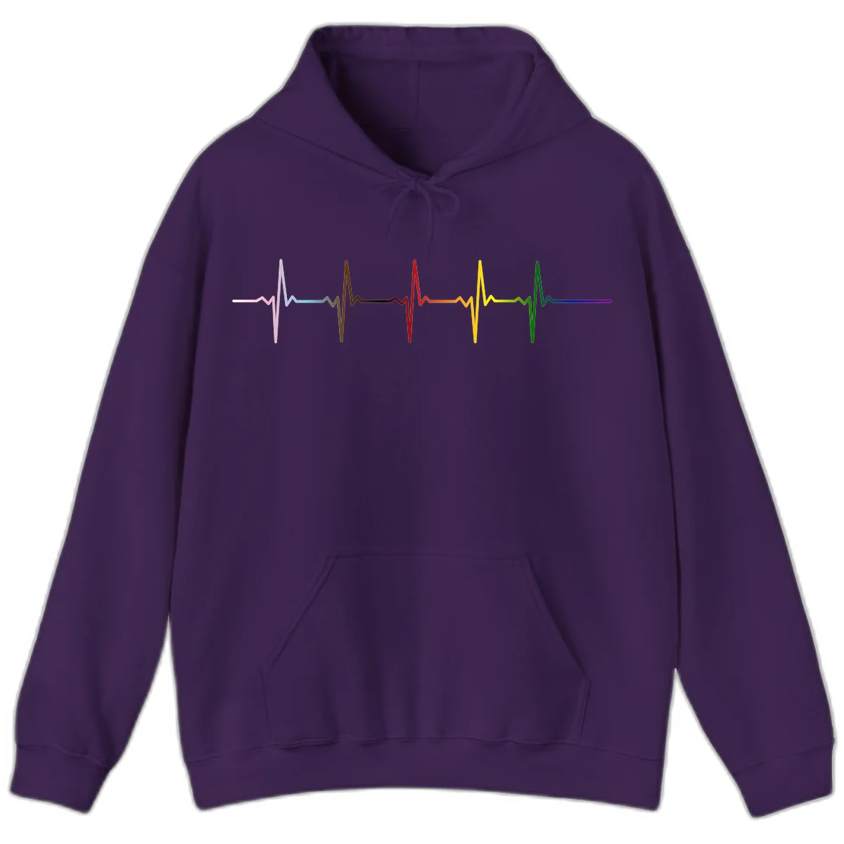 Rainbow heartbeat EKG waveform with each pulse peak in different pride colors including pink, red, yellow, green, and blue in Purple