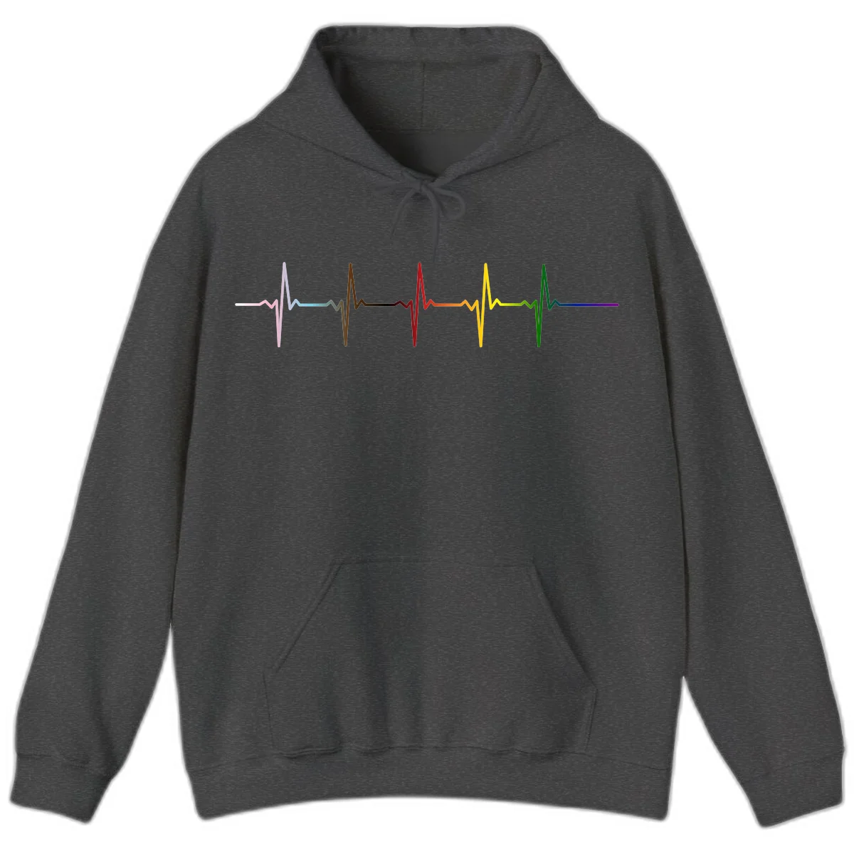 Rainbow heartbeat EKG waveform with each pulse peak in different pride colors including pink, red, yellow, green, and blue in Dark Heather