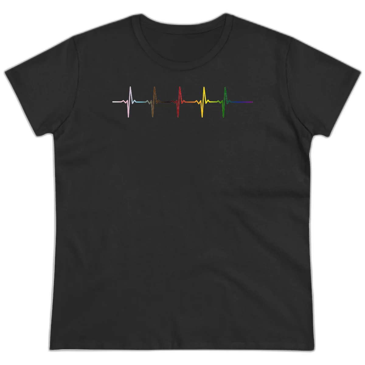 Rainbow heartbeat EKG waveform with each pulse peak in different pride colors including pink, red, yellow, green, and blue in Black