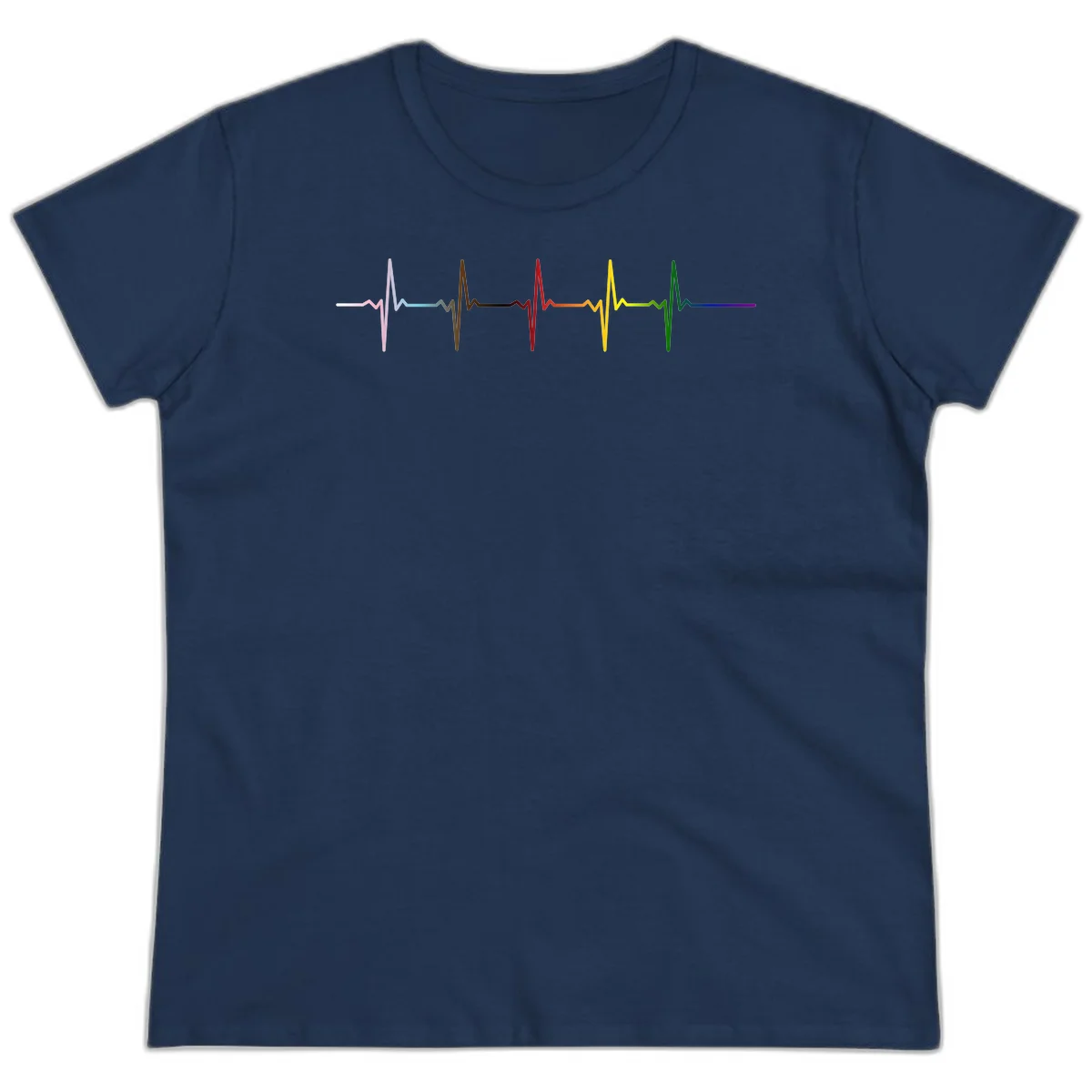 Rainbow heartbeat EKG waveform with each pulse peak in different pride colors including pink, red, yellow, green, and blue in Navy