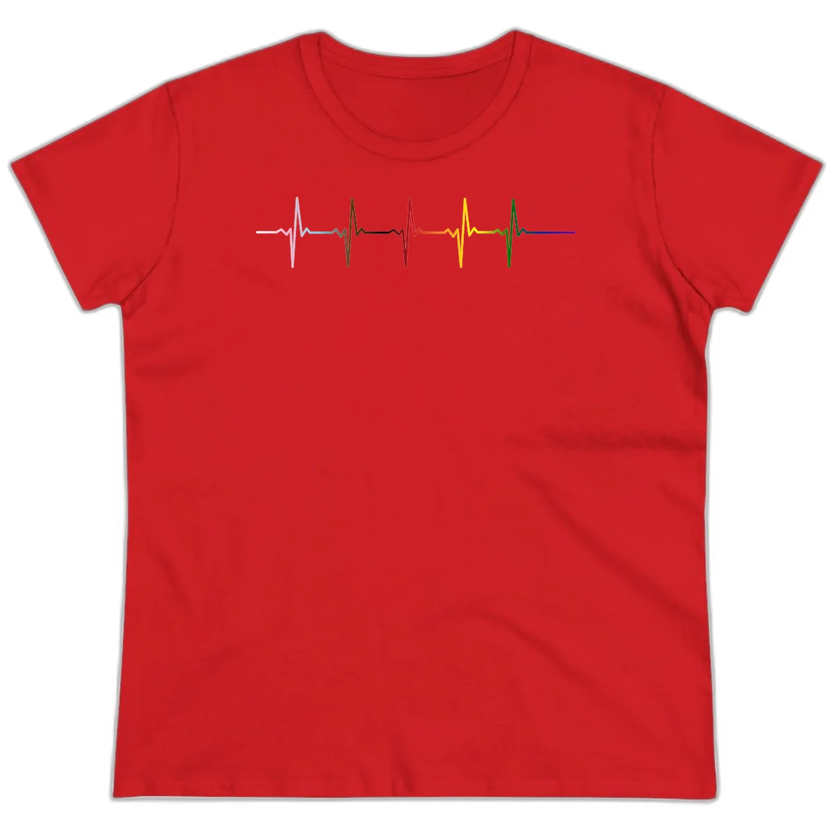 Rainbow heartbeat EKG waveform with each pulse peak in different pride colors including pink, red, yellow, green, and blue in Red