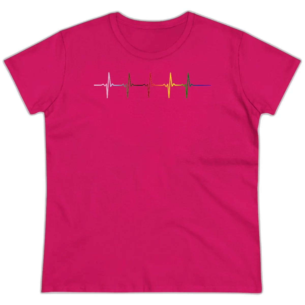 Rainbow heartbeat EKG waveform with each pulse peak in different pride colors including pink, red, yellow, green, and blue in Heliconia