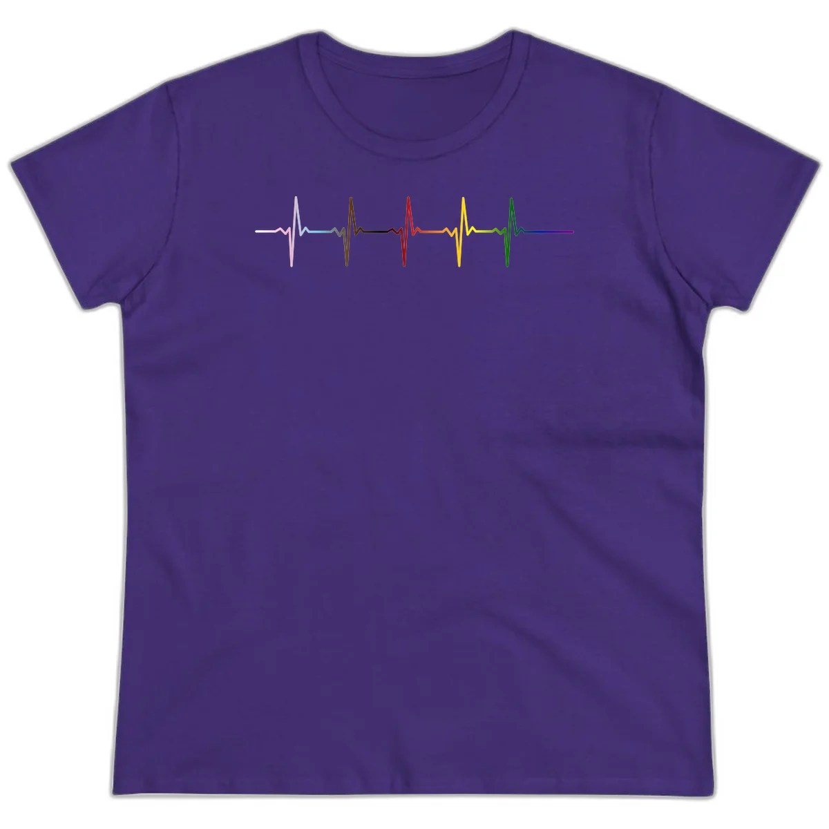 Rainbow heartbeat EKG waveform with each pulse peak in different pride colors including pink, red, yellow, green, and blue in Purple