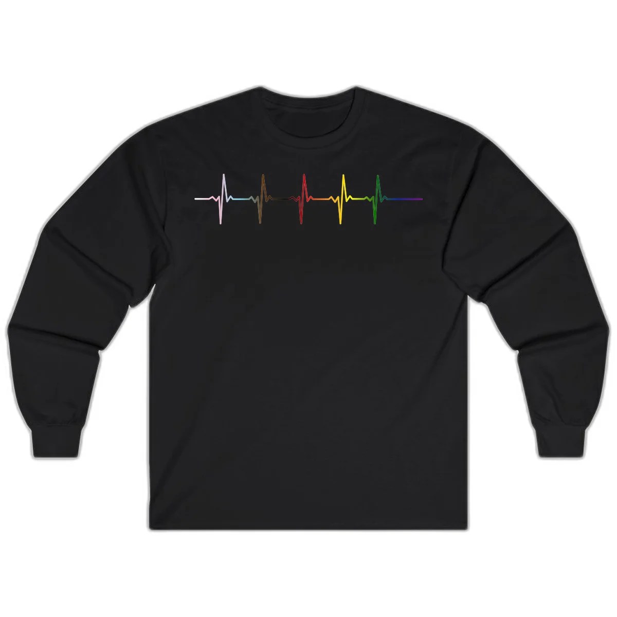 Rainbow heartbeat EKG waveform with each pulse peak in different pride colors including pink, red, yellow, green, and blue in Black