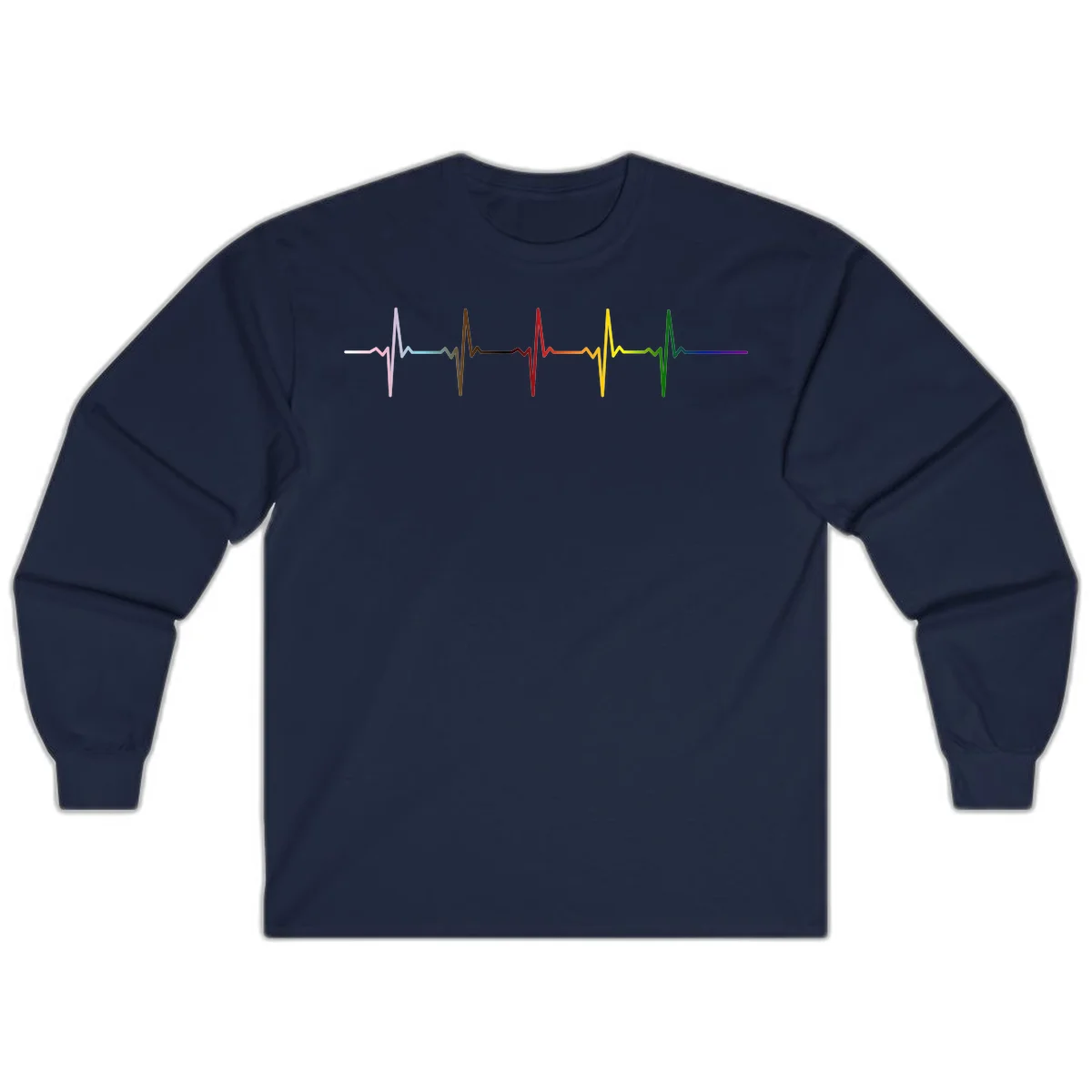 Rainbow heartbeat EKG waveform with each pulse peak in different pride colors including pink, red, yellow, green, and blue in Navy
