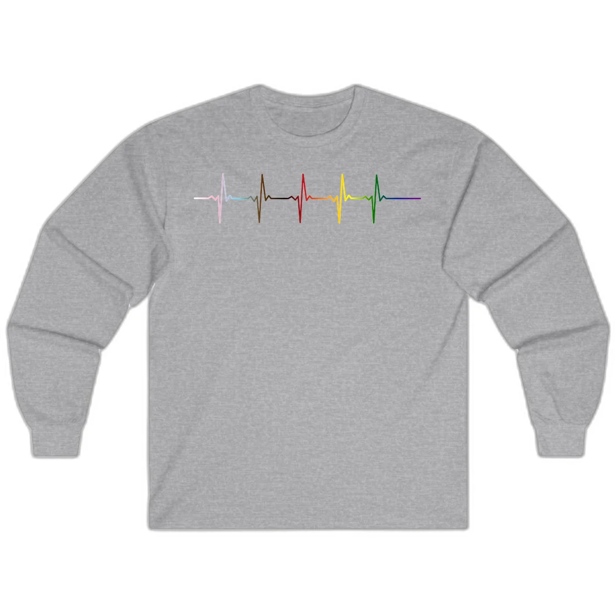 Rainbow heartbeat EKG waveform with each pulse peak in different pride colors including pink, red, yellow, green, and blue in Sport Grey