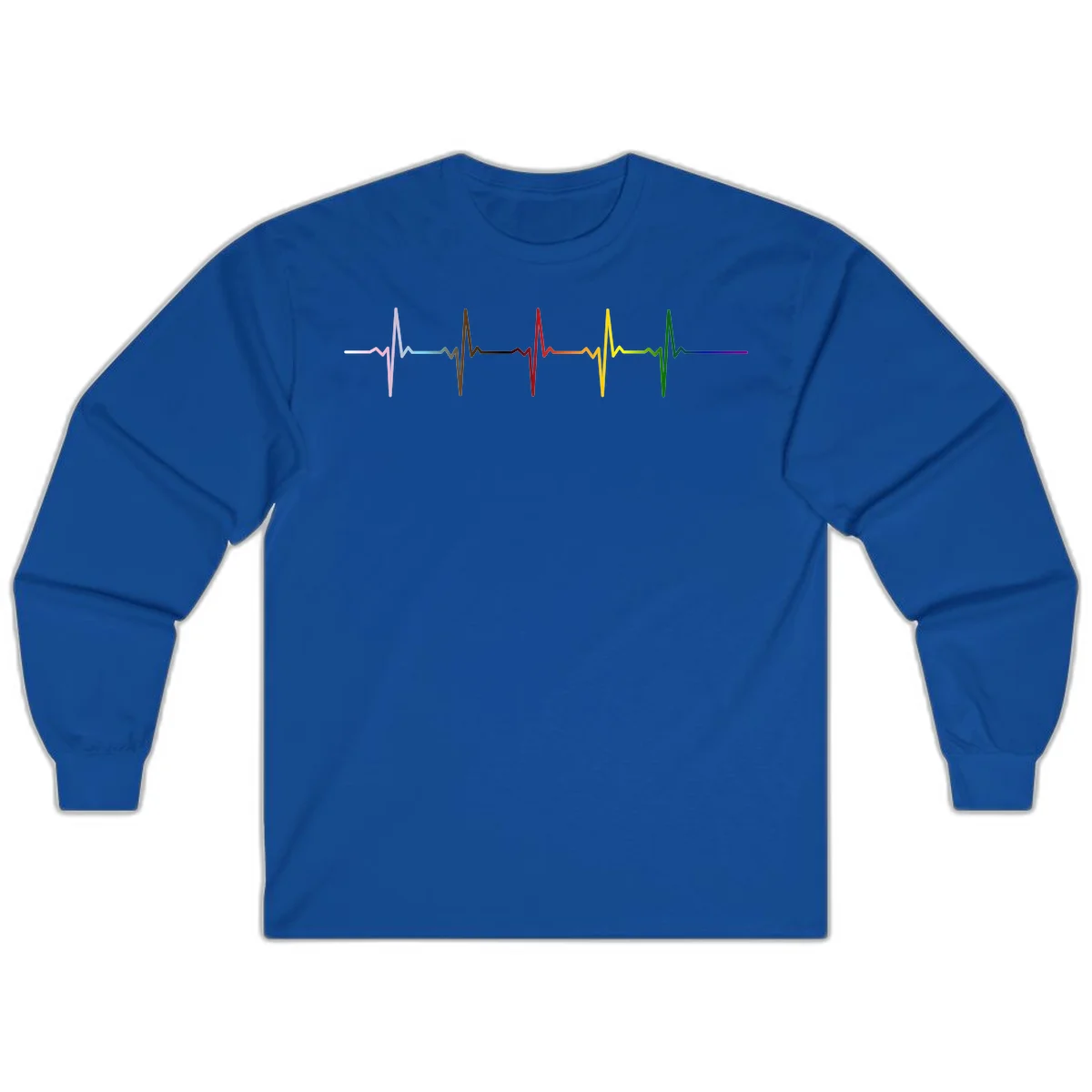 Rainbow heartbeat EKG waveform with each pulse peak in different pride colors including pink, red, yellow, green, and blue in Royal