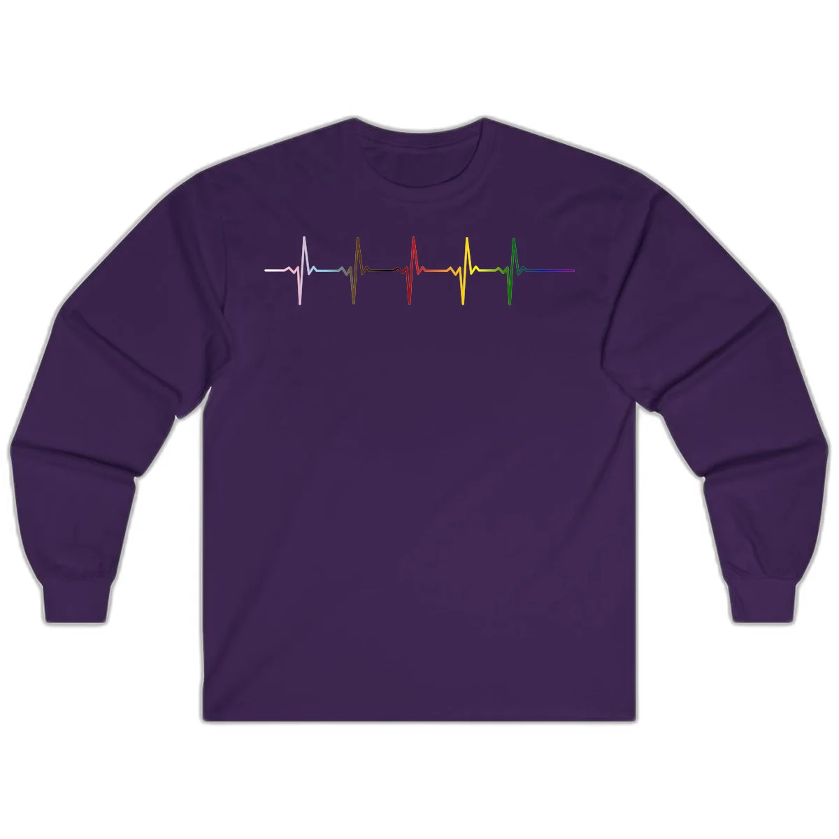 Rainbow heartbeat EKG waveform with each pulse peak in different pride colors including pink, red, yellow, green, and blue in Purple