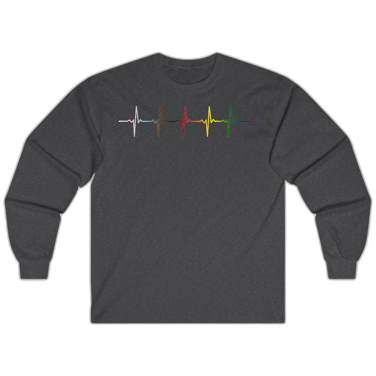 Rainbow heartbeat EKG waveform with each pulse peak in different pride colors including pink, red, yellow, green, and blue in Dark Heather