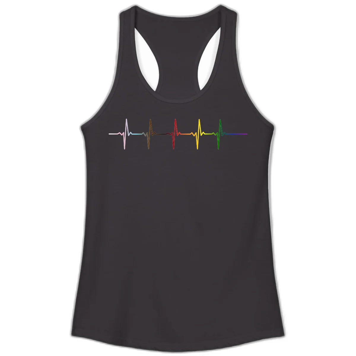 Rainbow heartbeat EKG waveform with each pulse peak in different pride colors including pink, red, yellow, green, and blue in Black