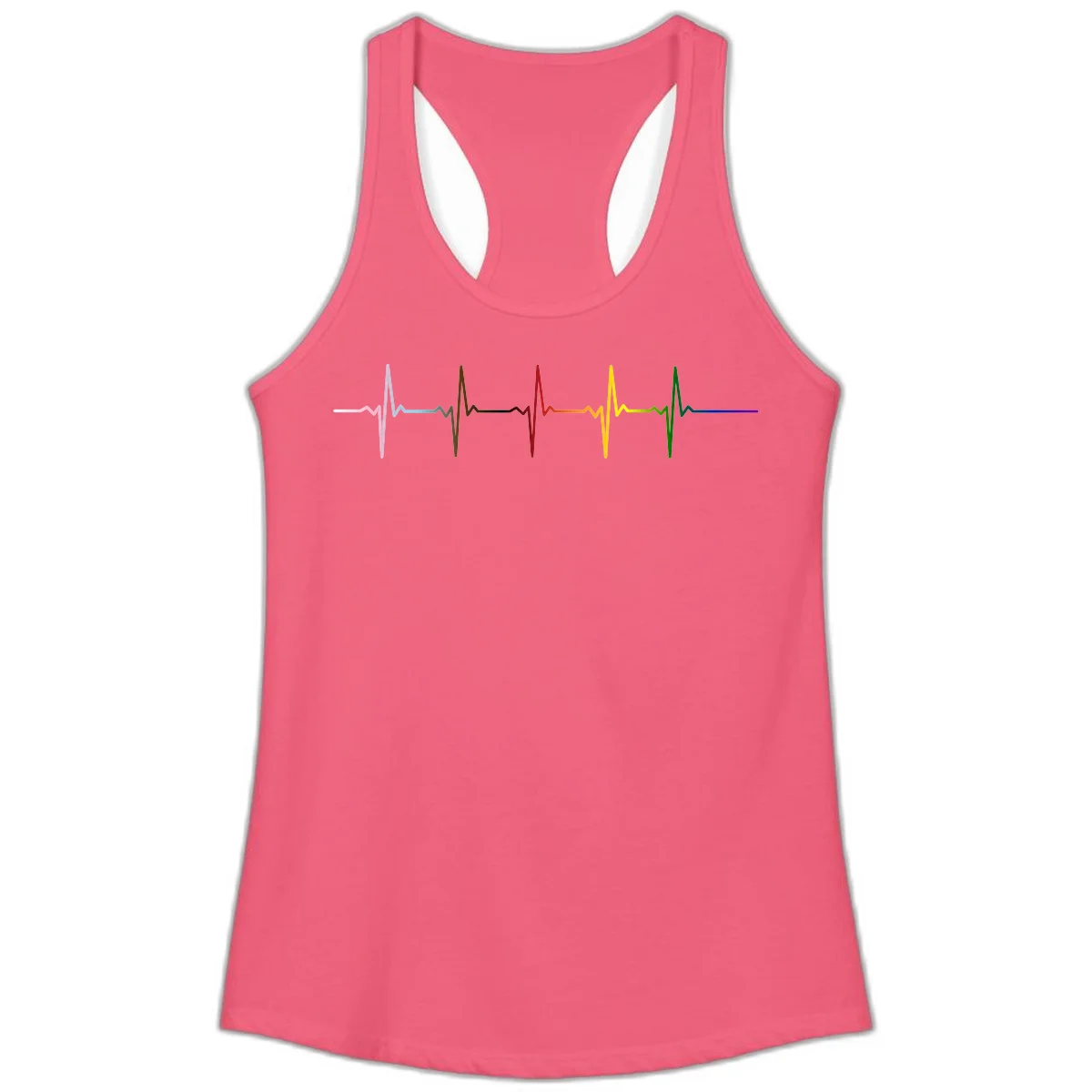 Rainbow heartbeat EKG waveform with each pulse peak in different pride colors including pink, red, yellow, green, and blue in Hot Pink