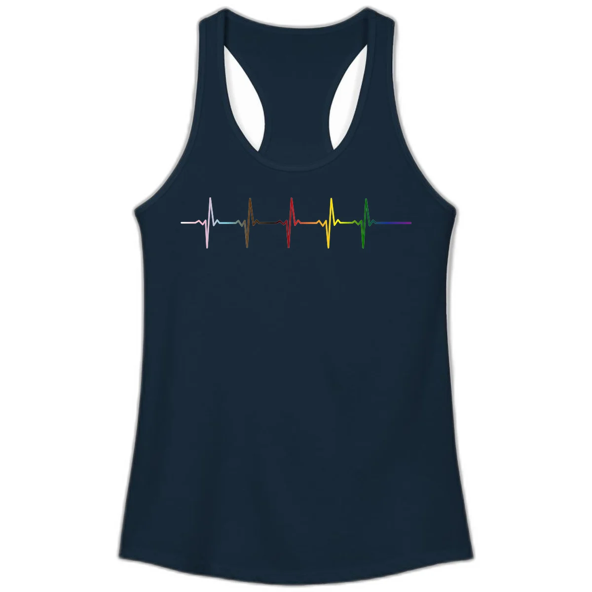 Rainbow heartbeat EKG waveform with each pulse peak in different pride colors including pink, red, yellow, green, and blue in Solid Midnight Navy