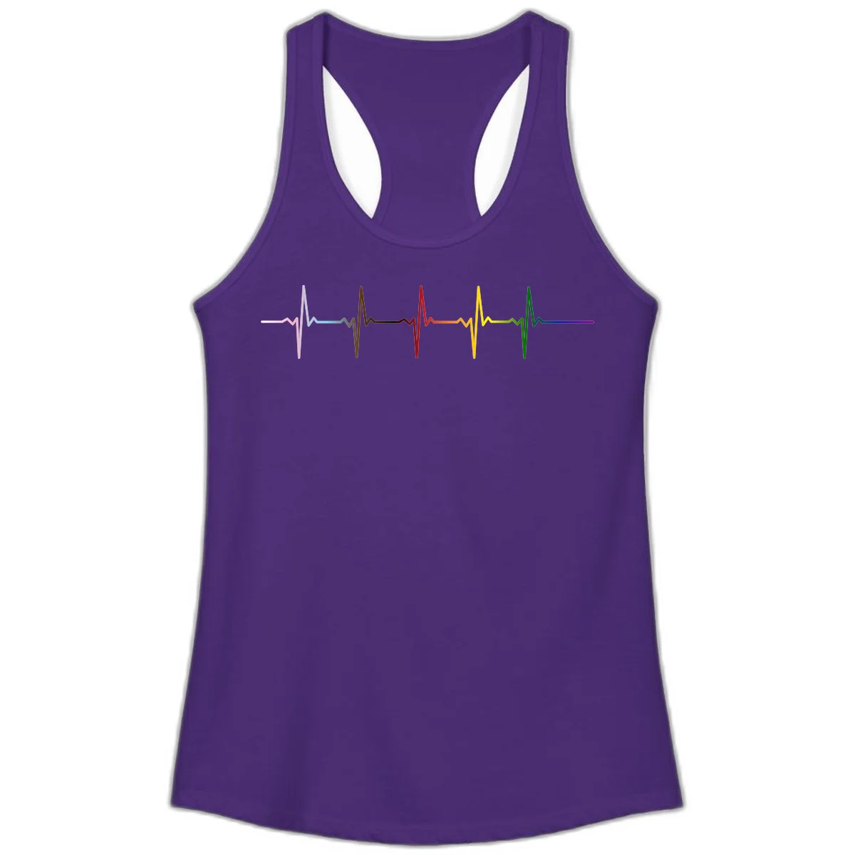 Rainbow heartbeat EKG waveform with each pulse peak in different pride colors including pink, red, yellow, green, and blue in Solid Purple Rush