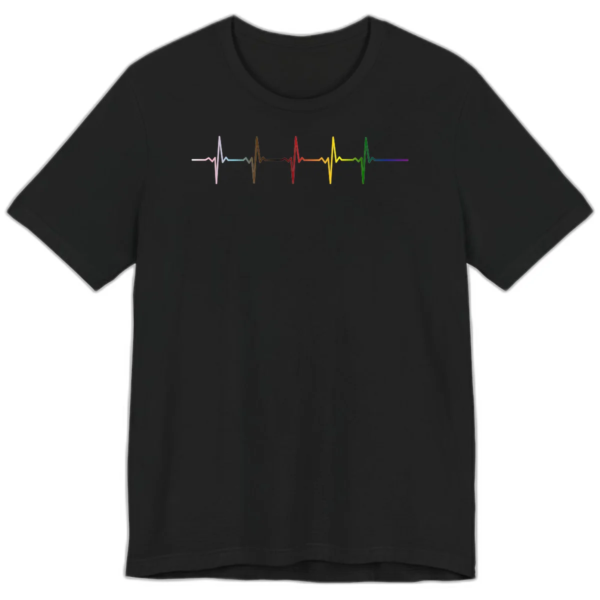 Rainbow heartbeat EKG waveform with each pulse peak in different pride colors including pink, red, yellow, green, and blue in Black