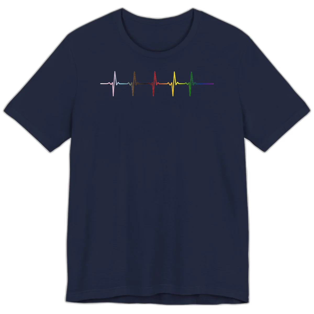Rainbow heartbeat EKG waveform with each pulse peak in different pride colors including pink, red, yellow, green, and blue in Navy