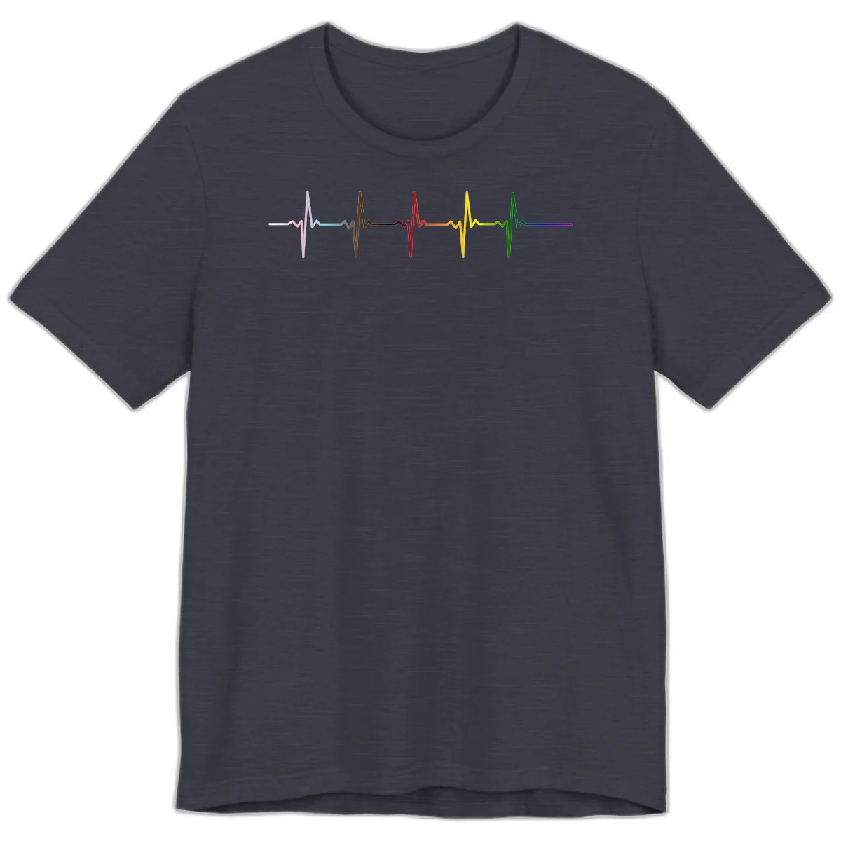 Rainbow heartbeat EKG waveform with each pulse peak in different pride colors including pink, red, yellow, green, and blue in Heather Midnight Navy