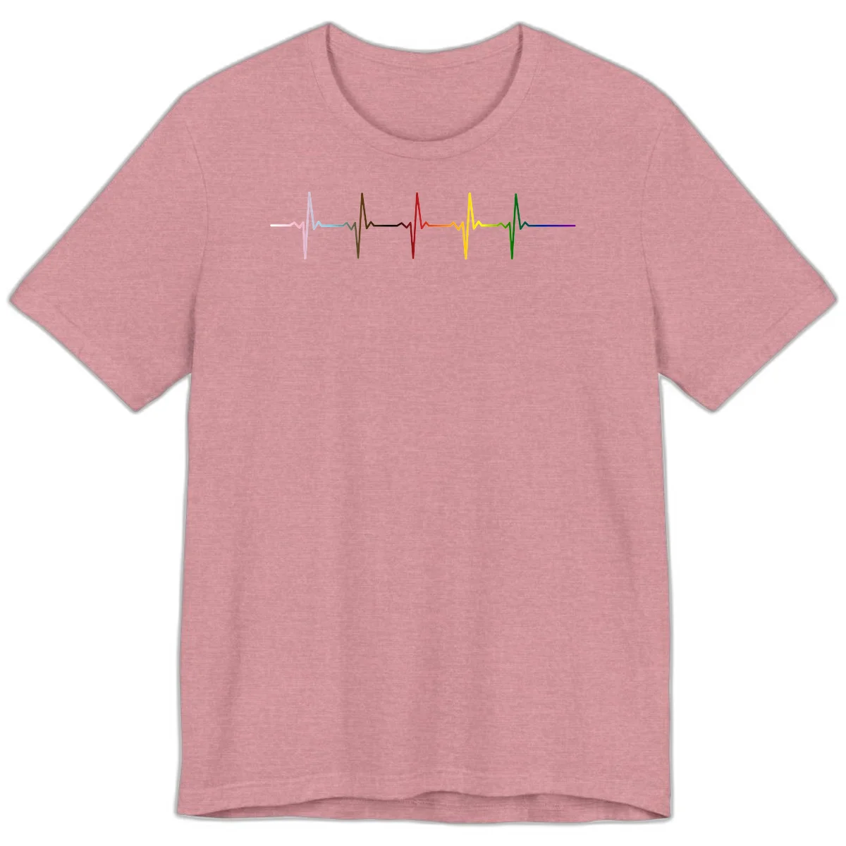 Rainbow heartbeat EKG waveform with each pulse peak in different pride colors including pink, red, yellow, green, and blue in Heather Orchid