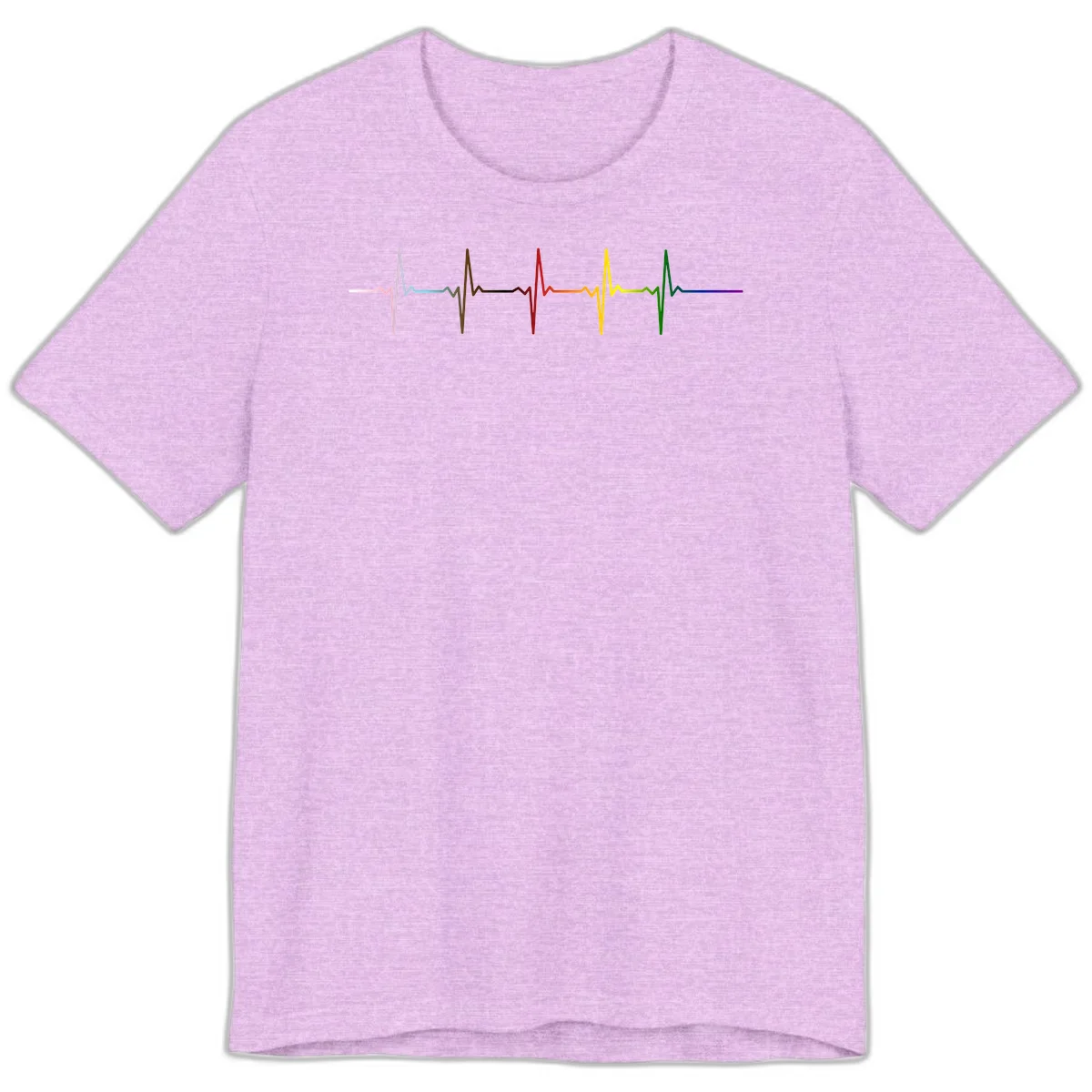 Rainbow heartbeat EKG waveform with each pulse peak in different pride colors including pink, red, yellow, green, and blue in Heather Prism Lilac
