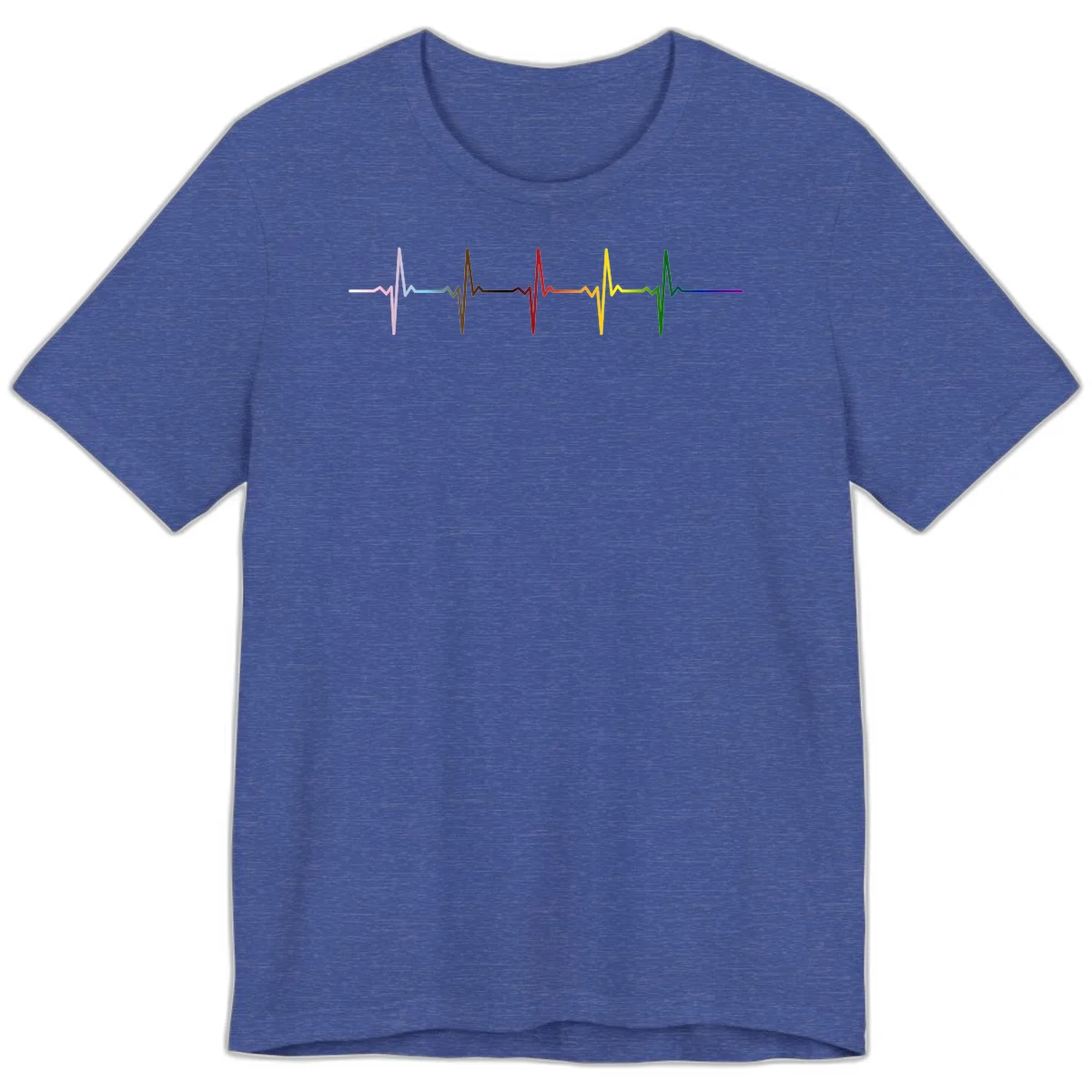 Rainbow heartbeat EKG waveform with each pulse peak in different pride colors including pink, red, yellow, green, and blue in Heather True Royal