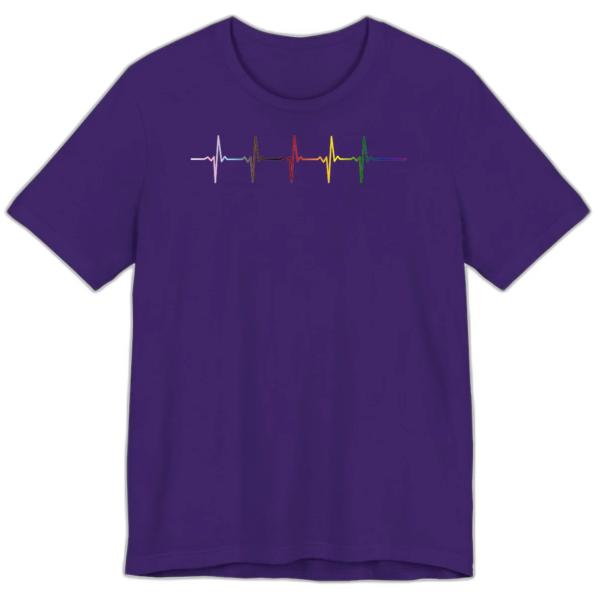 Rainbow heartbeat EKG waveform with each pulse peak in different pride colors including pink, red, yellow, green, and blue in Team Purple