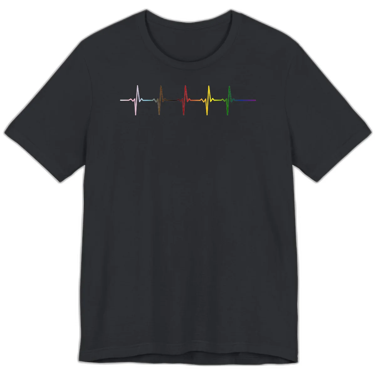 Rainbow heartbeat EKG waveform with each pulse peak in different pride colors including pink, red, yellow, green, and blue in Vintage Black