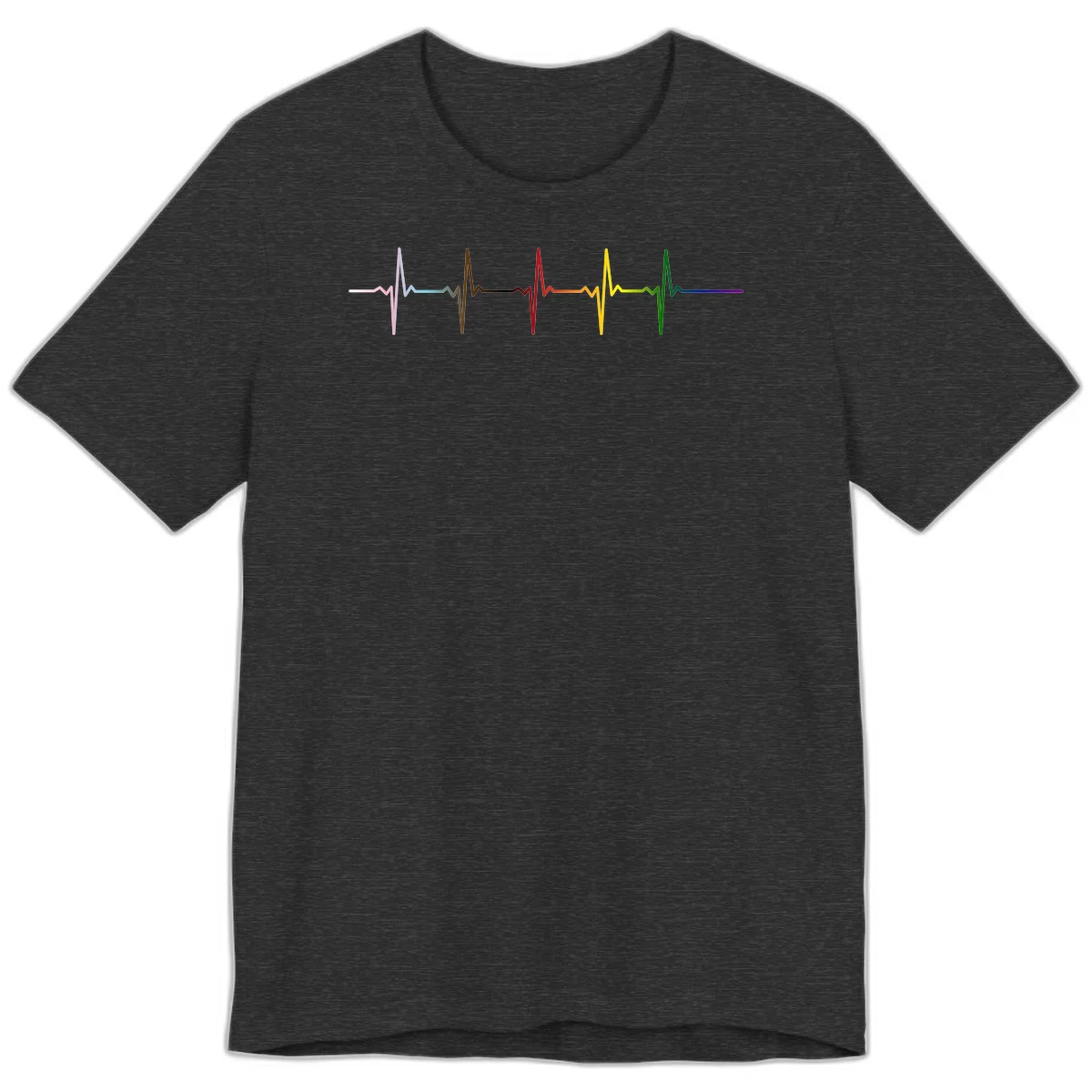 Rainbow heartbeat EKG waveform with each pulse peak in different pride colors including pink, red, yellow, green, and blue in Dark Grey Heather
