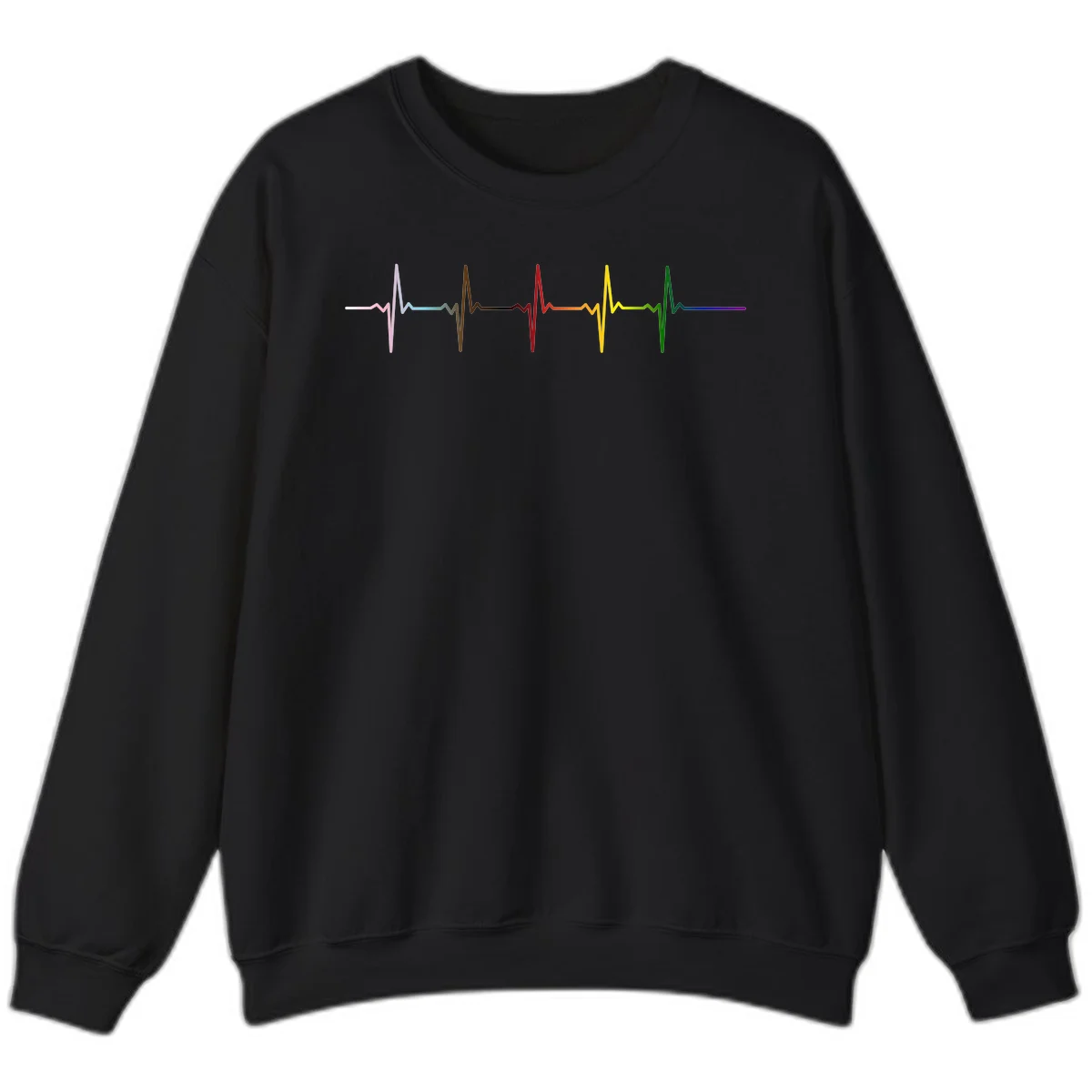Rainbow heartbeat EKG waveform with each pulse peak in different pride colors including pink, red, yellow, green, and blue in Black