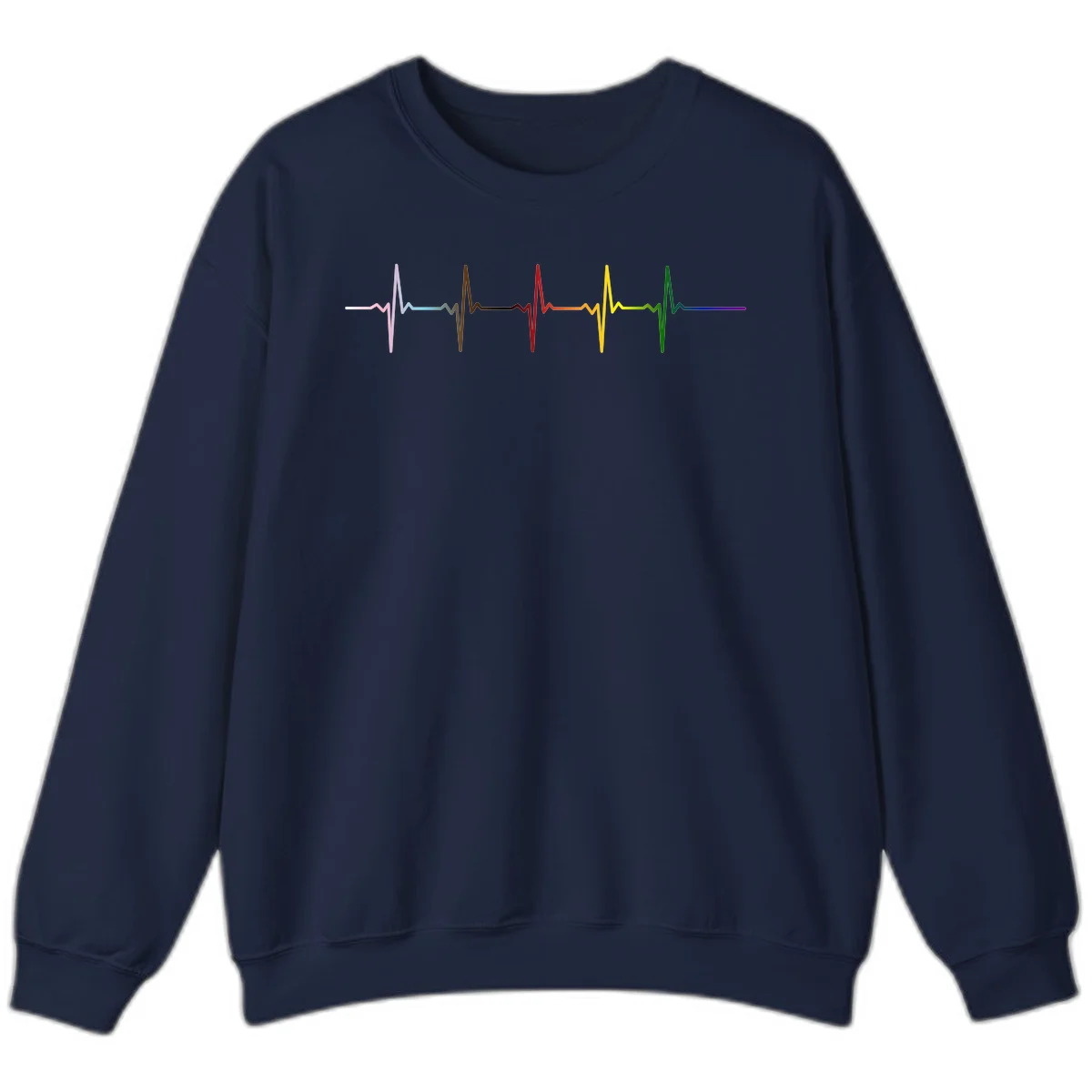 Rainbow heartbeat EKG waveform with each pulse peak in different pride colors including pink, red, yellow, green, and blue in Navy