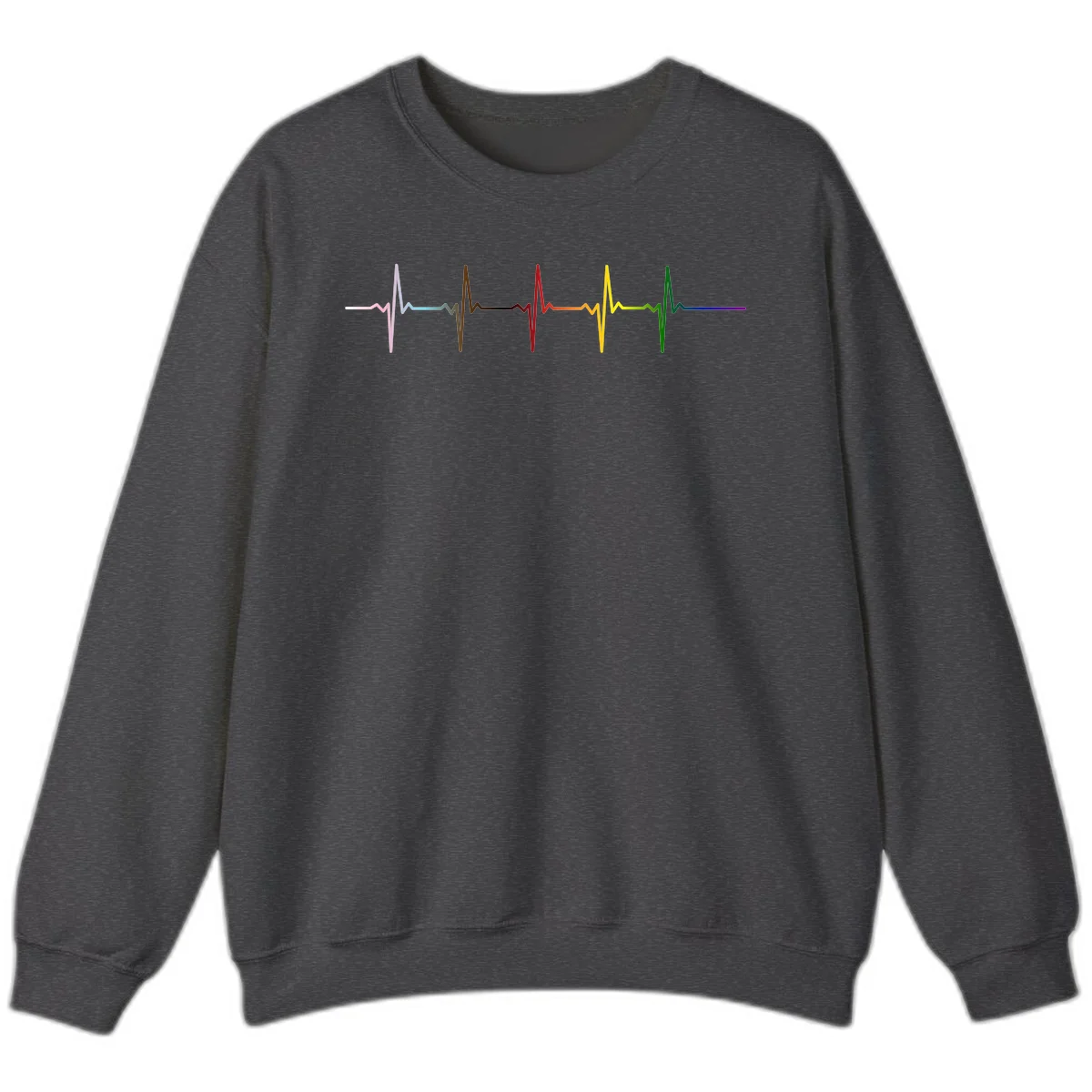 Rainbow heartbeat EKG waveform with each pulse peak in different pride colors including pink, red, yellow, green, and blue in Dark Heather