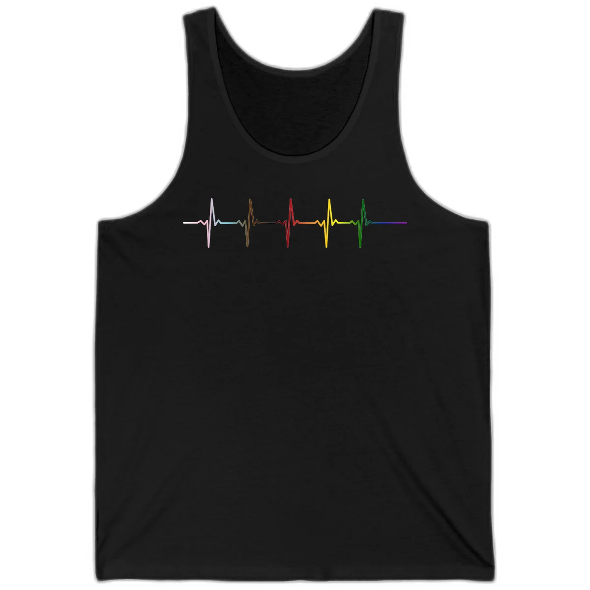 Rainbow heartbeat EKG waveform with each pulse peak in different pride colors including pink, red, yellow, green, and blue in Black