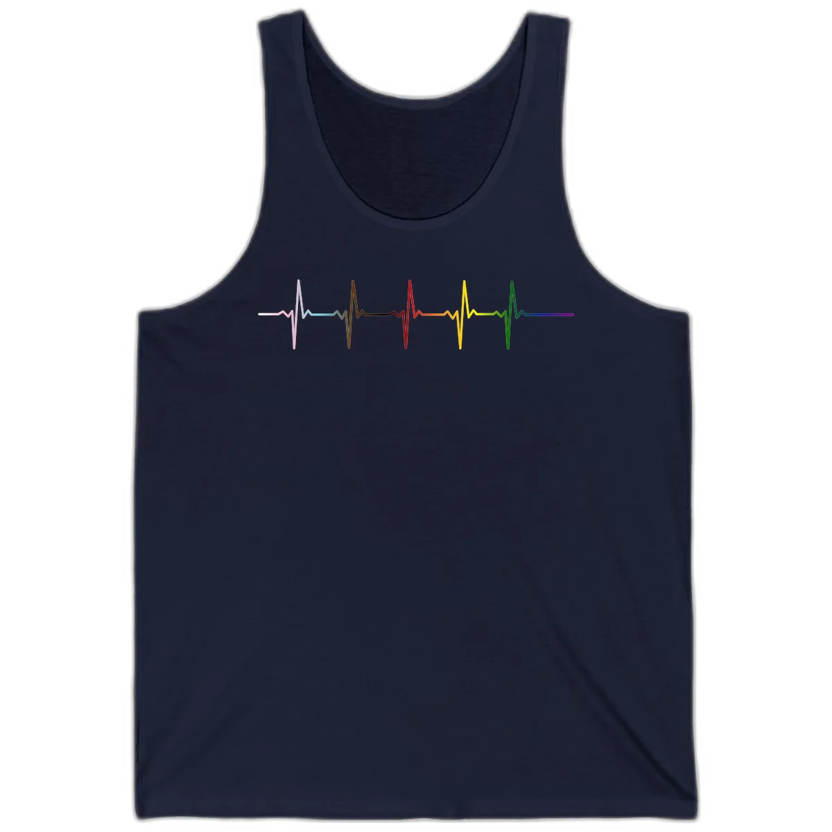 Rainbow heartbeat EKG waveform with each pulse peak in different pride colors including pink, red, yellow, green, and blue in Navy