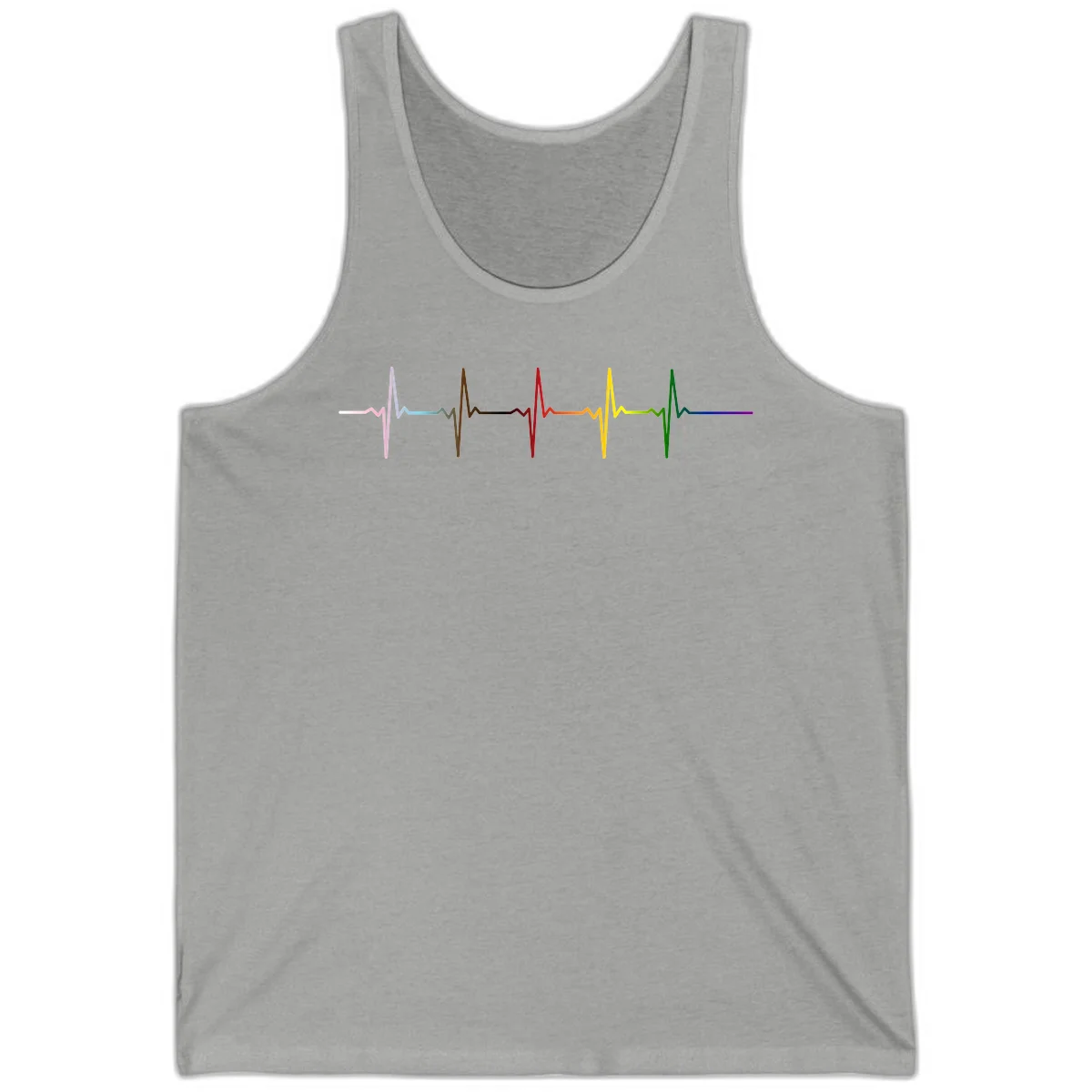 Rainbow heartbeat EKG waveform with each pulse peak in different pride colors including pink, red, yellow, green, and blue in Athletic Heather