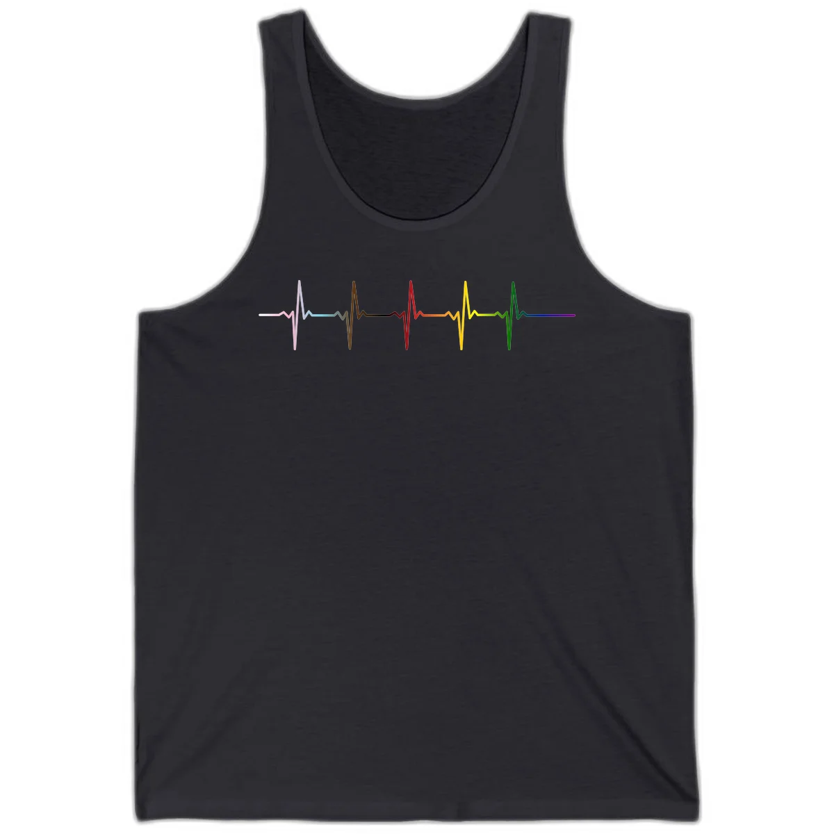 Rainbow heartbeat EKG waveform with each pulse peak in different pride colors including pink, red, yellow, green, and blue in Dark Grey