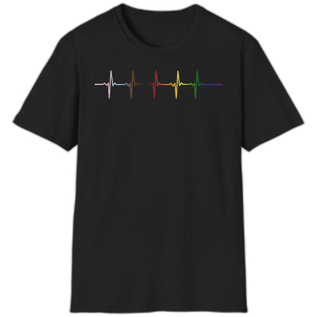 Rainbow heartbeat EKG waveform with each pulse peak in different pride colors including pink, red, yellow, green, and blue in Black