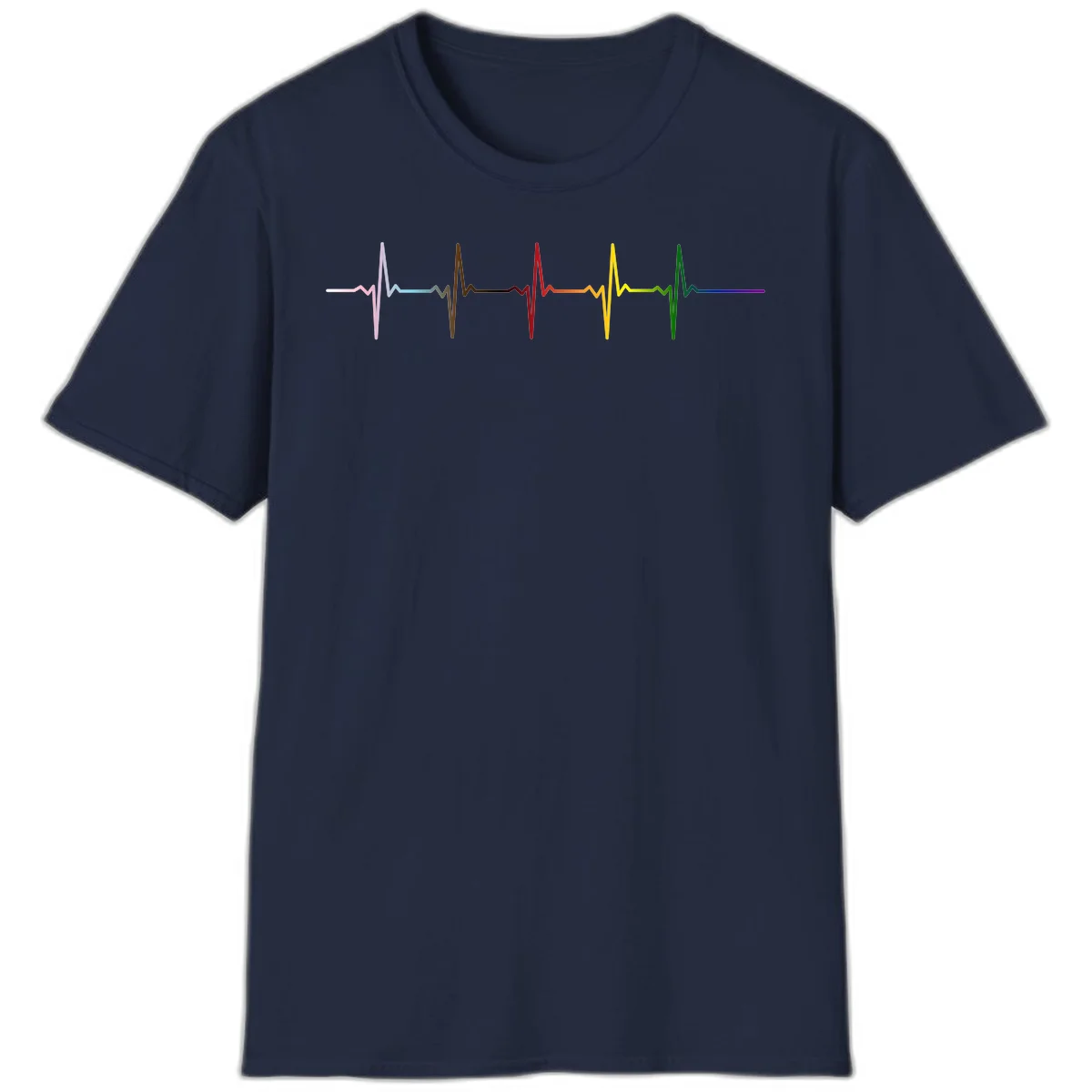 Rainbow heartbeat EKG waveform with each pulse peak in different pride colors including pink, red, yellow, green, and blue in Navy