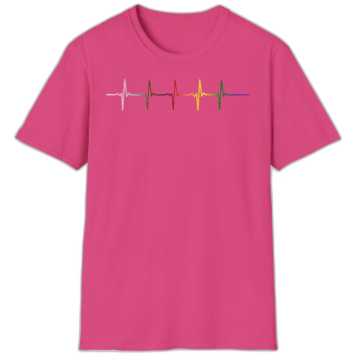 Rainbow heartbeat EKG waveform with each pulse peak in different pride colors including pink, red, yellow, green, and blue in Heliconia