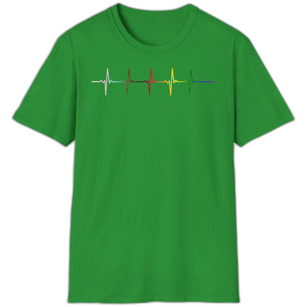 Rainbow heartbeat EKG waveform with each pulse peak in different pride colors including pink, red, yellow, green, and blue in Irish Green
