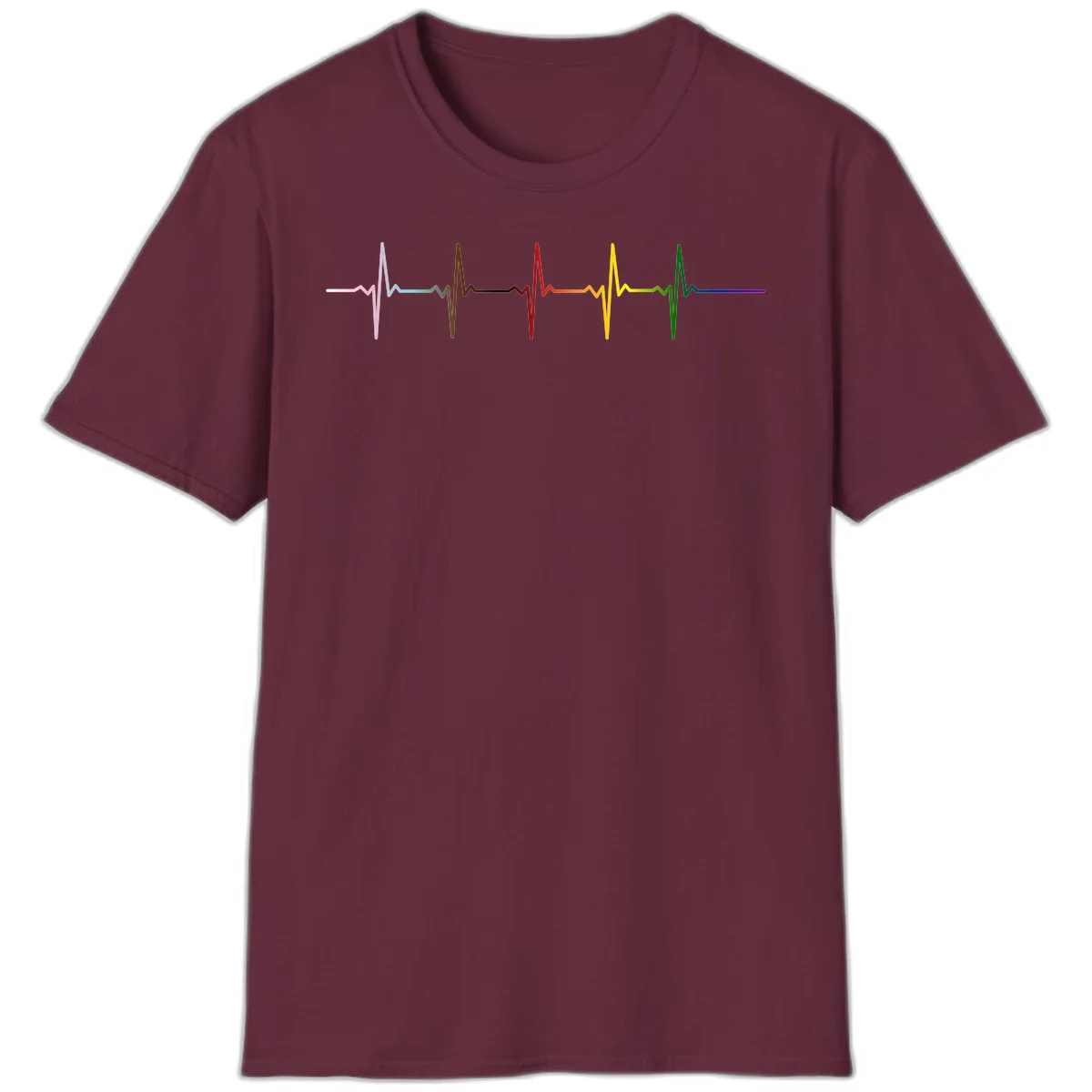 Rainbow heartbeat EKG waveform with each pulse peak in different pride colors including pink, red, yellow, green, and blue in Maroon