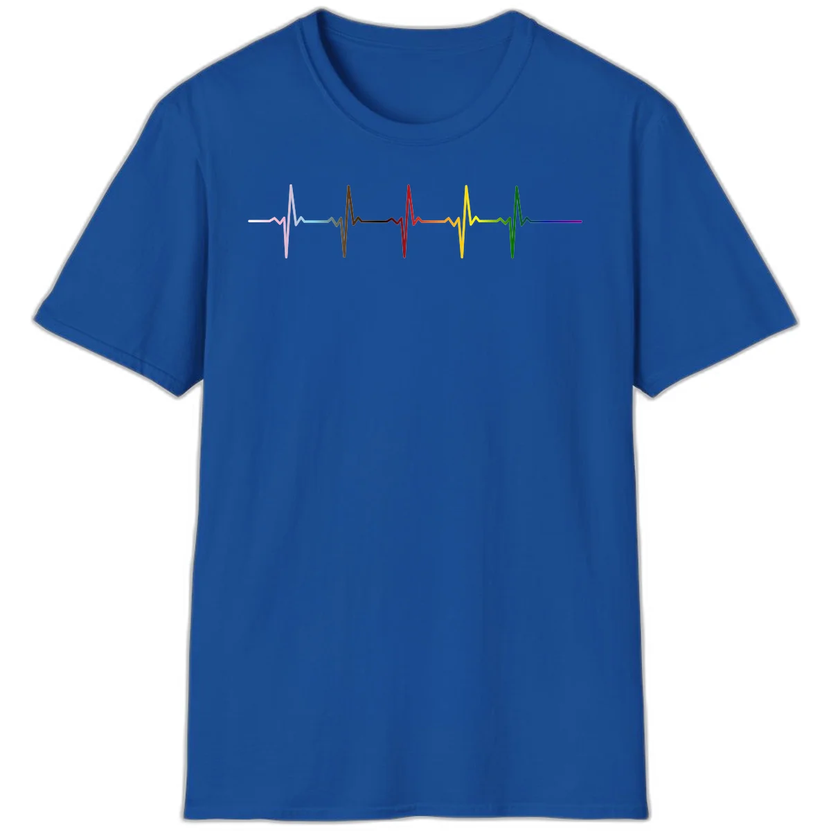 Rainbow heartbeat EKG waveform with each pulse peak in different pride colors including pink, red, yellow, green, and blue in Royal