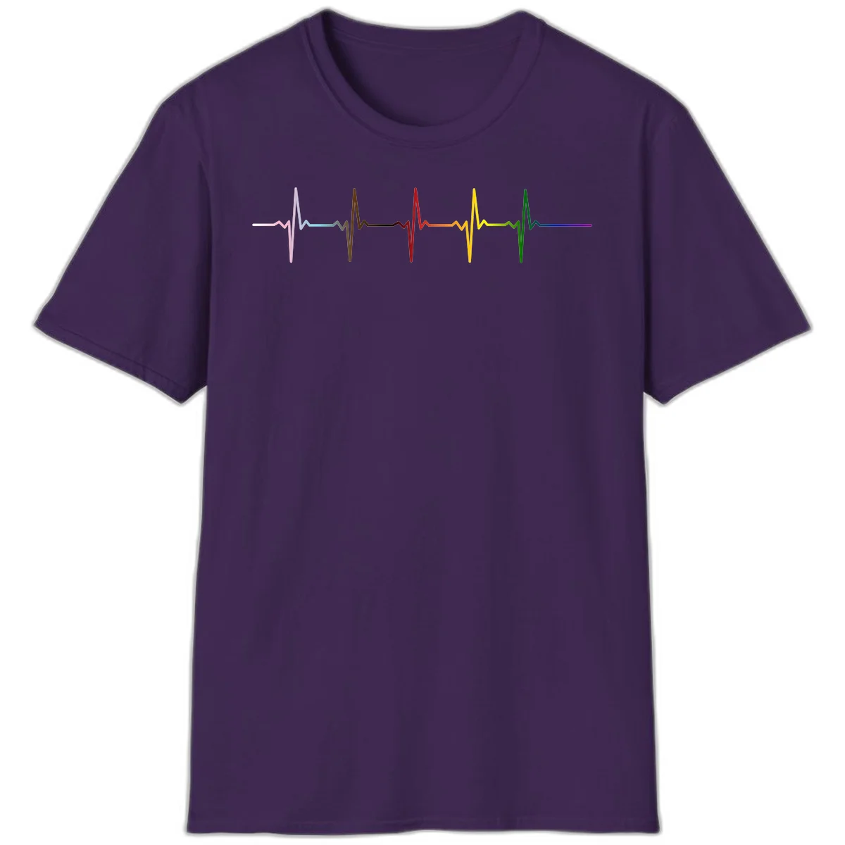 Rainbow heartbeat EKG waveform with each pulse peak in different pride colors including pink, red, yellow, green, and blue in Purple