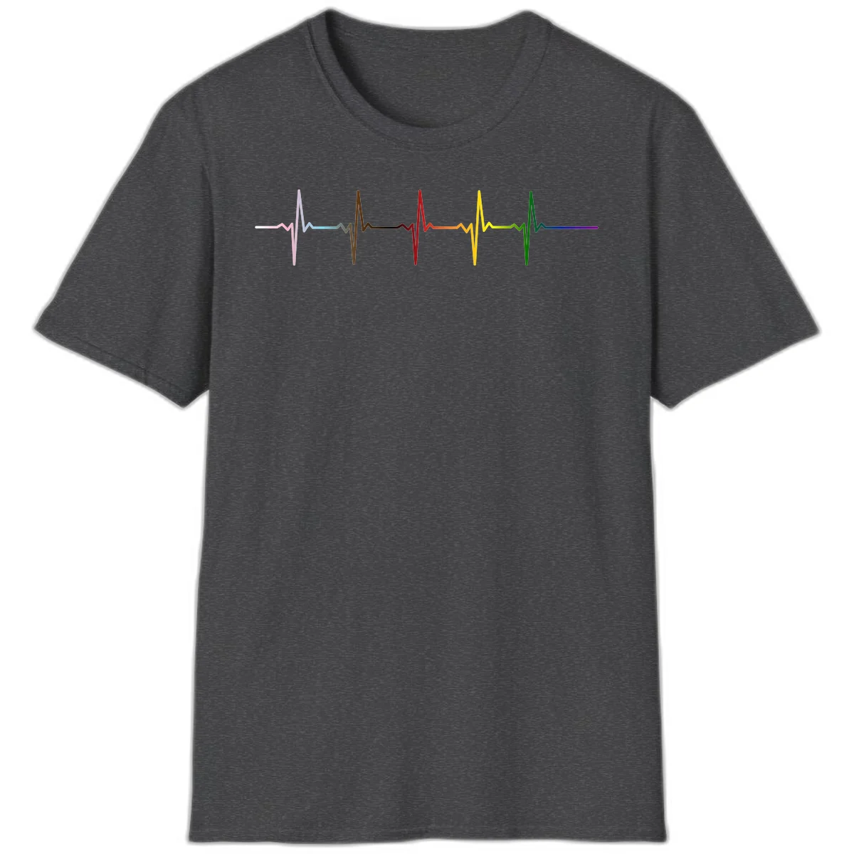 Rainbow heartbeat EKG waveform with each pulse peak in different pride colors including pink, red, yellow, green, and blue in Dark Heather