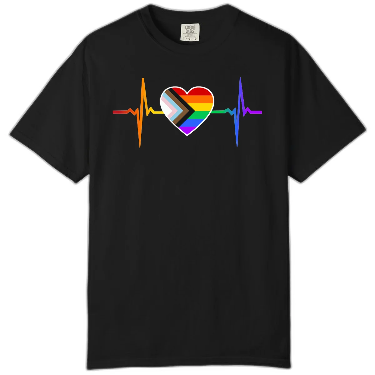 Progress pride heartbeat design featuring a rainbow heart with progress chevron arrow and electrocardiogram pulse line in Black