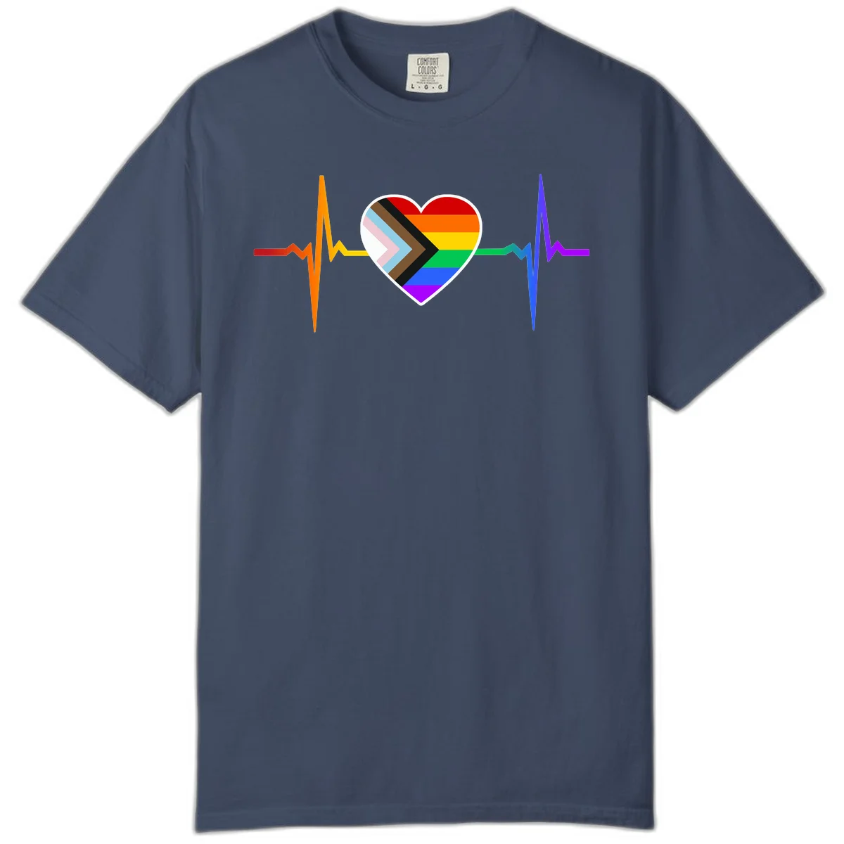 Progress pride heartbeat design featuring a rainbow heart with progress chevron arrow and electrocardiogram pulse line in Midnight