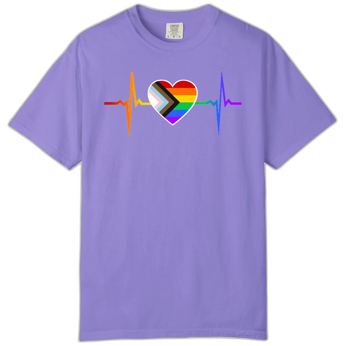 Progress pride heartbeat design featuring a rainbow heart with progress chevron arrow and electrocardiogram pulse line in Violet
