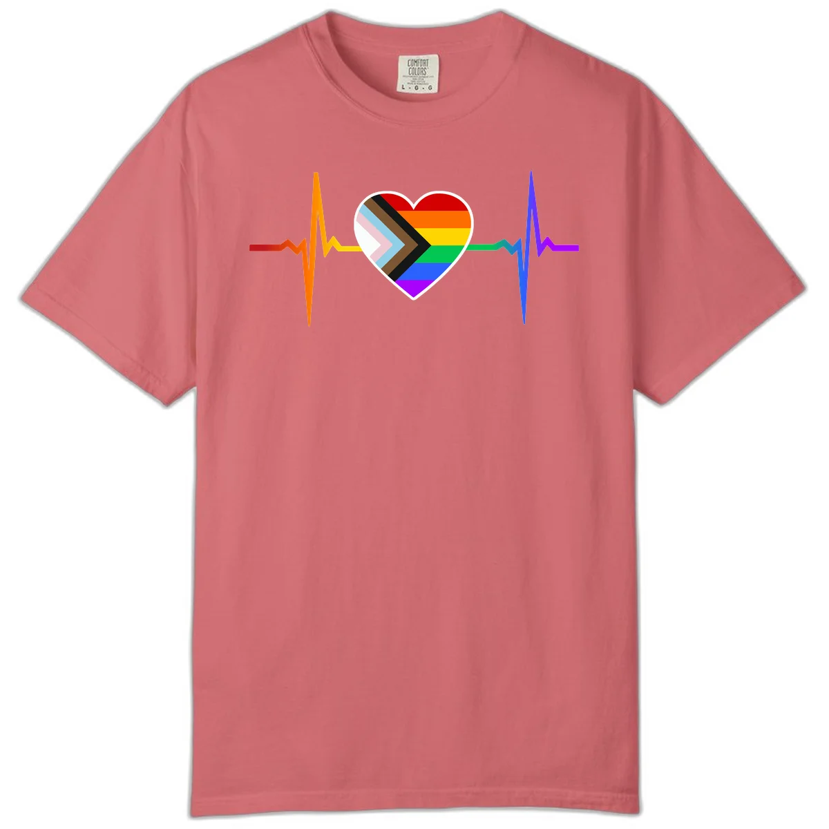 Progress pride heartbeat design featuring a rainbow heart with progress chevron arrow and electrocardiogram pulse line in Watermelon