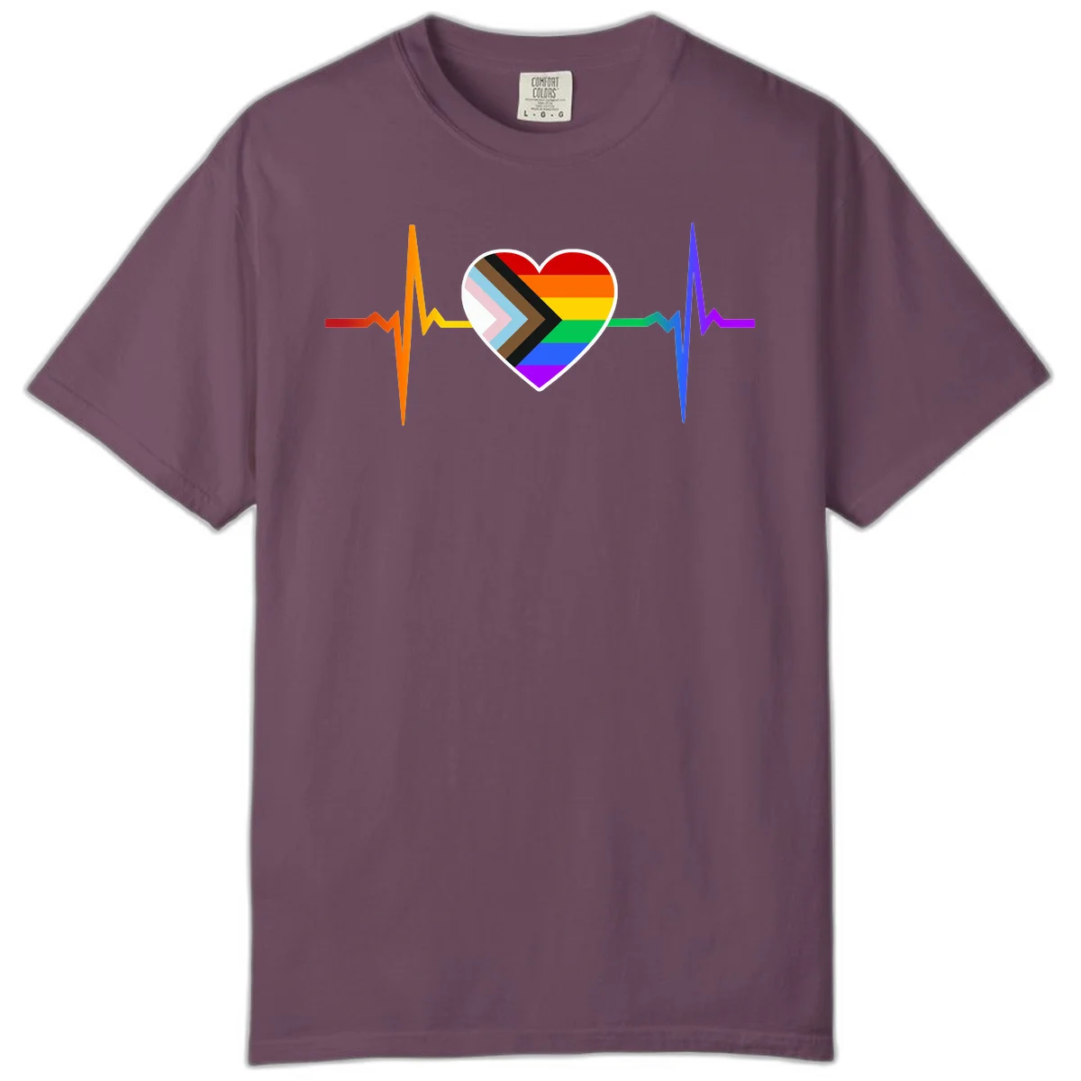Progress pride heartbeat design featuring a rainbow heart with progress chevron arrow and electrocardiogram pulse line in Berry